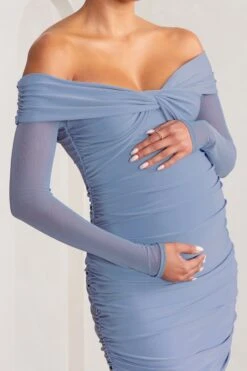 Neva | Powder Blue Bardot Twist Maternity Midi Dress -ENY Clothing Shop WB BR CC CL129223 NevaPowderBlueBardotTwistMaternityMidiDress2
