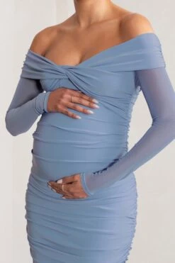 Neva | Powder Blue Bardot Twist Maternity Midi Dress -ENY Clothing Shop WB BR CC CL129223 NevaPowderBlueBardotTwistMaternityMidiDress3