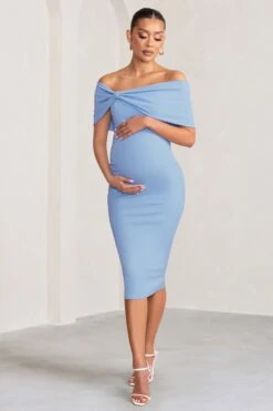 Alyssa | Powder Blue Bardot Bow Maternity Midi Dress With Ruching -ENY Clothing Shop WB BR CC CL129226 AlyssaPowderBlueBardotBowMaternityMidiDresswithRuching0