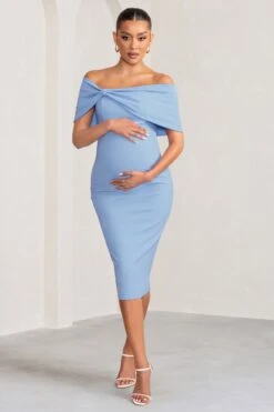 Alyssa | Powder Blue Bardot Bow Maternity Midi Dress With Ruching