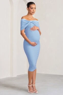 Alyssa | Powder Blue Bardot Bow Maternity Midi Dress With Ruching -ENY Clothing Shop WB BR CC CL129226 AlyssaPowderBlueBardotBowMaternityMidiDresswithRuching2