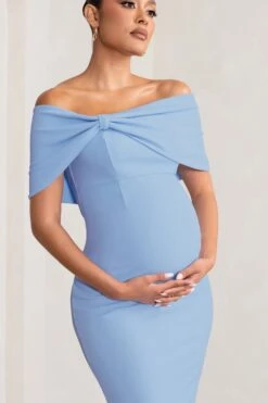 Alyssa | Powder Blue Bardot Bow Maternity Midi Dress With Ruching -ENY Clothing Shop WB BR CC CL129226 AlyssaPowderBlueBardotBowMaternityMidiDresswithRuching4