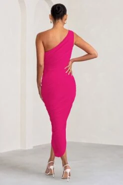 Late Night | Hot Pink Maternity Ruched One Shoulder Midi Dress -ENY Clothing Shop WB BR CC CL129227 LateNightHotPinkMaternityRuchedOneShoulderMidiDress5