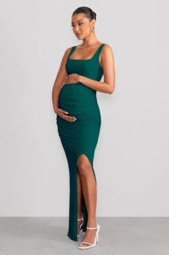 Avril | Bottle Green Square Neck Maternity Maxi Dress With Split -ENY Clothing Shop WB BR CC HR CL129206 AvrilBottleGreenSquareNeckMaternityMaxiDresswithSplit0