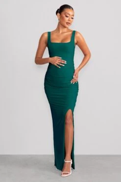 Avril | Bottle Green Square Neck Maternity Maxi Dress With Split