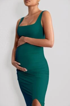 Avril | Bottle Green Square Neck Maternity Maxi Dress With Split -ENY Clothing Shop WB BR CC HR CL129206 AvrilBottleGreenSquareNeckMaternityMaxiDresswithSplit6
