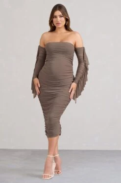 Aroma | Brown Ruched Mesh Maternity Midi Dress With Ruffled Sleeves -ENY Clothing Shop WB BR CC WB CL129553038 AromaBrownRuchedMeshMaternityMidiDressWithRuffledSleeves1