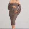 Aroma | Brown Ruched Mesh Maternity Midi Dress With Ruffled Sleeves -ENY Clothing Shop WB BR CC WB CL129553038 AromaBrownRuchedMeshMaternityMidiDressWithRuffledSleeves2