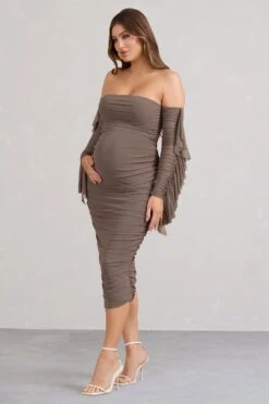 Aroma | Brown Ruched Mesh Maternity Midi Dress With Ruffled Sleeves -ENY Clothing Shop WB BR CC WB CL129553038 AromaBrownRuchedMeshMaternityMidiDressWithRuffledSleeves3