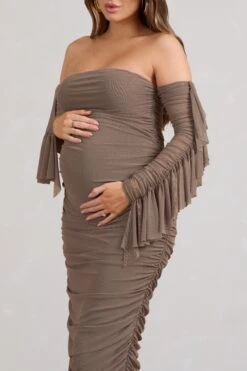Aroma | Brown Ruched Mesh Maternity Midi Dress With Ruffled Sleeves -ENY Clothing Shop WB BR CC WB CL129553038 AromaBrownRuchedMeshMaternityMidiDressWithRuffledSleeves5