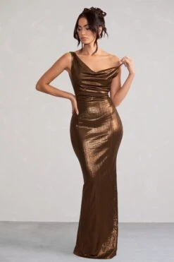 Galaxy Shimmer | Bronze Bias Cut Cowl Front Maxi Dress -ENY Clothing Shop WB BR CL124620 GalaxyShimmerBronzeBiasCutCowlFrontMaxiDress2