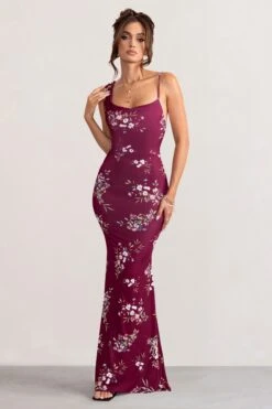 Dream Of Me | Burgundy Floral Print Asymmetric Neckline Cowl Maxi Dress -ENY Clothing Shop WB BR CL124640131 DreamofMeBerryFloralPrintAsymmetricNecklineCowlMaxiDress0