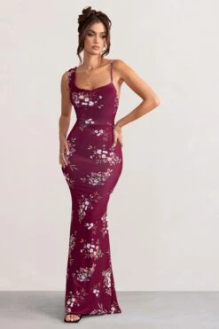 Dream Of Me | Burgundy Floral Print Asymmetric Neckline Cowl Maxi Dress