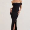 Law Of Attraction | Black Bardot Draped Split Maxi Dress -ENY Clothing Shop WB BR CL124662002 LawofAttractionBlackBardotDrapedSplitMaxiDress1