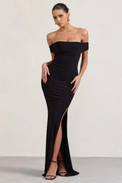 Law Of Attraction | Black Bardot Draped Split Maxi Dress