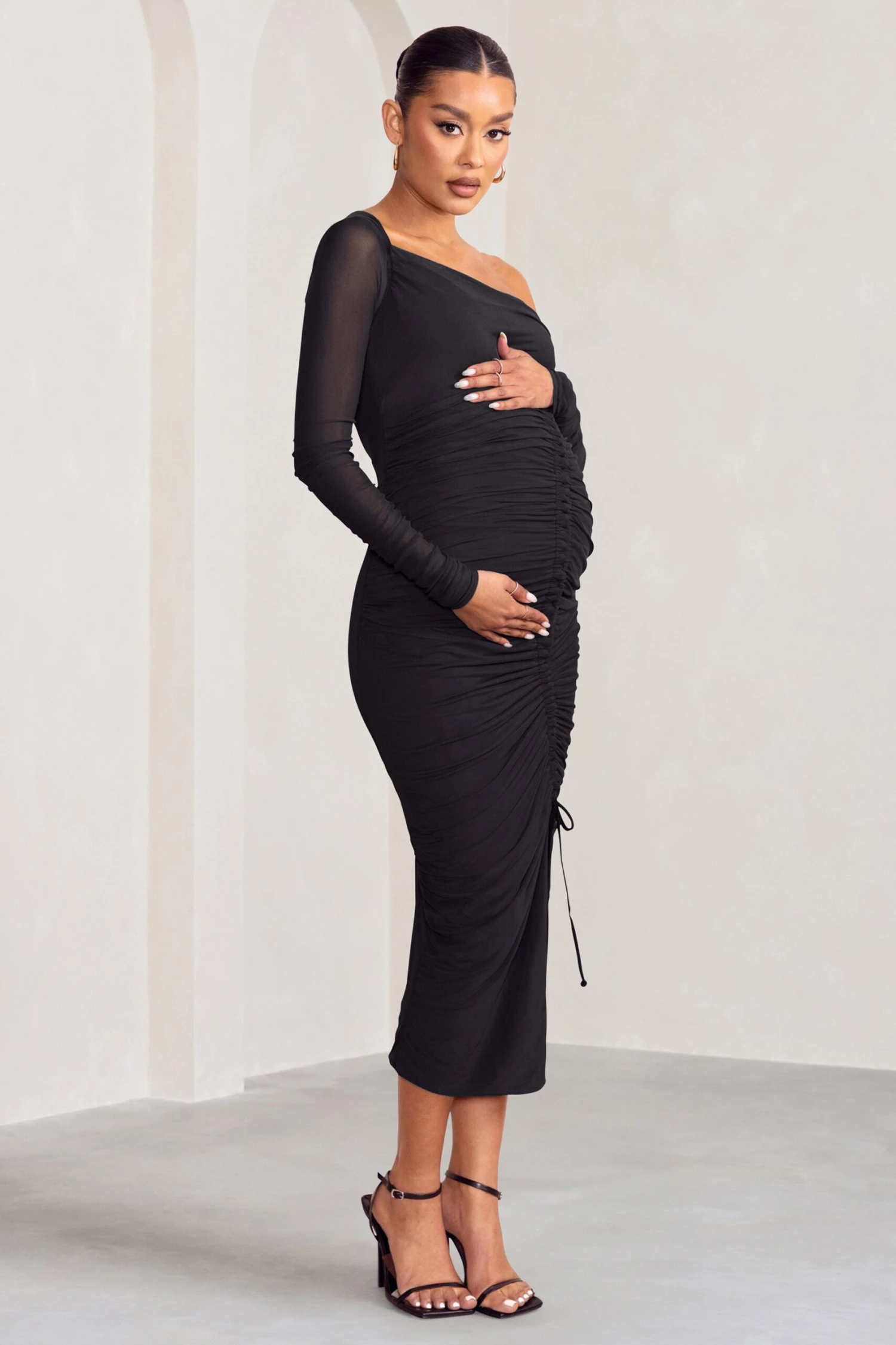Sweet Dreams | Black Maternity Asymmetric Ruched Midi Dress 6 Sweet Dreams | Black Maternity Asymmetric Ruched Midi Dress - Image 4