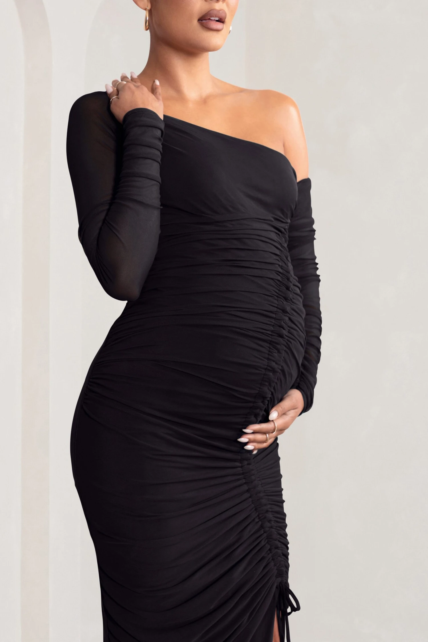 Sweet Dreams | Black Maternity Asymmetric Ruched Midi Dress 5 Sweet Dreams | Black Maternity Asymmetric Ruched Midi Dress - Image 3