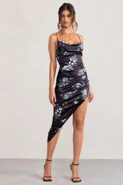 Risk It All | Black Floral Print Cowl Neck Satin Asymmetric Hem Midi Dress -ENY Clothing Shop WB BR CL126039 RiskItAllBlackFloralPrintCowlNeckAsymmetricHemDress1copy