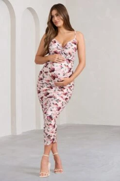 Desired | White Floral Maternity Cami Midi Dress With Twist Plunge -ENY Clothing Shop WB BR CL126183136 DesiredWhiteFloralMaternityCamiMidiDresswithTwistPlunge0