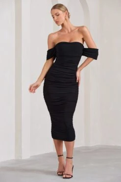 Lost For Words | Black Bardot Ruched Draped Midi Dress -ENY Clothing Shop WB BR CL126195002 LostForWordsBlackBardotRuchedDrapedMidiDress2