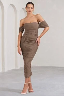 Lost For Words | Mocha Bardot Ruched Draped Midi Dress -ENY Clothing Shop WB BR CL126195038 LostForWords MochaBardotRuchedDrapedMidiDress1