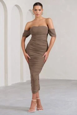 Lost For Words | Mocha Bardot Ruched Draped Midi Dress -ENY Clothing Shop WB BR CL126195038 LostForWords MochaBardotRuchedDrapedMidiDress3