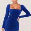 Muse | Royal Blue Long Sleeve Square Neck Ruched Mini Dress -ENY Clothing Shop WB BR CL126237 blue Long Sleeve Square Neck Ruched Mini Dress 2 ecf80297 4221 43d8 9968 a91a8107523a