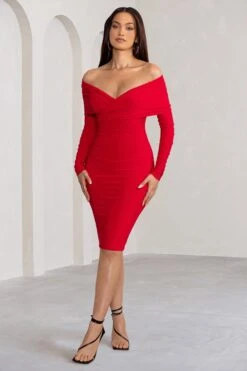 Flatter Me | Red Twist Front Bardot Midi Dress -ENY Clothing Shop WB BR CL126408 FlatterMeRedTwistFrontBardotMidiDress1