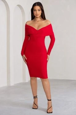 Flatter Me | Red Twist Front Bardot Midi Dress -ENY Clothing Shop WB BR CL126408 FlatterMeRedTwistFrontBardotMidiDress3