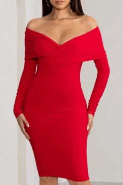 Flatter Me | Red Twist Front Bardot Midi Dress -ENY Clothing Shop WB BR CL126408 FlatterMeRedTwistFrontBardotMidiDress3 0296854a 9536 4219 8759 6ad73d14f8c4