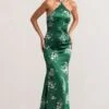 Grandeur | Green Floral Print Satin Halterneck Maxi Dress -ENY Clothing Shop WB BR CL126538 GrandeurGreenFloralPrintSatinHalterneckMaxiDress0copy