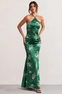 Grandeur | Green Floral Print Satin Halterneck Maxi Dress