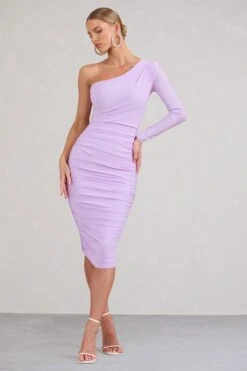 In The Shadows | One Shoulder Midi Dress Lilac With Ruching