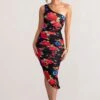 Late Night | Black Floral Print Asymmetric One Shoulder Ruched Midi Dress