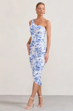 Late Night | Blue Floral Print Ruched One Shoulder Midi Dress -ENY Clothing Shop WB BR CL126680156 LateNightBlueFloralPrintRuchedOneShoulderMidiDress3