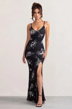 Farah | Black Floral Print Plunge Neck Maxi Dress With Split Detail 9 Farah | Black Floral Print Plunge Neck Maxi Dress With Split Detail -ENY Clothing Shop WB BR CL126720 FarahBlackFloralPrintPlungeNeckMaxiDressWithSplitDetail1