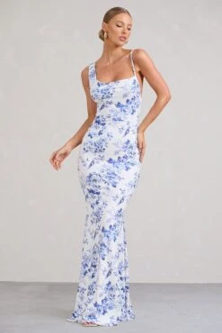 Phantasy | Blue Floral Print Asymmetric Neckline Cowl Maxi Dress -ENY Clothing Shop WB BR CL126730132 PhantasyBlueFloralPrintAsymmetricNecklineCowlMaxiDress0