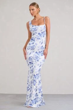 Phantasy | Blue Floral Print Asymmetric Neckline Cowl Maxi Dress -ENY Clothing Shop WB BR CL126730132 PhantasyBlueFloralPrintAsymmetricNecklineCowlMaxiDress2