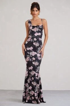 Phantasy | Black & Pink Floral Print Asymmetric Neckline Cowl Maxi Dress -ENY Clothing Shop WB BR CL126730155 PhantasyBlackFloralPrintAsymmetricNecklineCowlMaxiDress0
