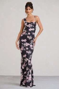 Phantasy | Black & Pink Floral Print Asymmetric Neckline Cowl Maxi Dress -ENY Clothing Shop WB BR CL126730155 PhantasyBlackFloralPrintAsymmetricNecklineCowlMaxiDress3