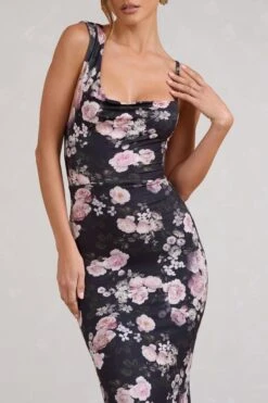 Phantasy | Black & Pink Floral Print Asymmetric Neckline Cowl Maxi Dress -ENY Clothing Shop WB BR CL126730155 PhantasyBlackFloralPrintAsymmetricNecklineCowlMaxiDress4