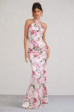 Unstoppable | Pink Floral Print Satin Cross Over Halter Neck Maxi Dress -ENY Clothing Shop WB BR CL126739146 UnstoppablePinkFloralPrintSatinCrossOverHalterNeckMaxiDress1