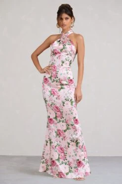 Unstoppable | Pink Floral Print Satin Cross Over Halter Neck Maxi Dress -ENY Clothing Shop WB BR CL126739146 UnstoppablePinkFloralPrintSatinCrossOverHalterNeckMaxiDress2