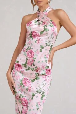 Unstoppable | Pink Floral Print Satin Cross Over Halter Neck Maxi Dress -ENY Clothing Shop WB BR CL126739146 UnstoppablePinkFloralPrintSatinCrossOverHalterNeckMaxiDress3