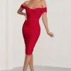 Gratitude | Red Off The Shoulder Ruched Midi Dress -ENY Clothing Shop WB BR CL127088 GratitudeRedOffShoulderRuchedMidiDress0
