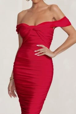 Gratitude | Red Off The Shoulder Ruched Midi Dress -ENY Clothing Shop WB BR CL127088 GratitudeRedOffShoulderRuchedMidiDress1copy