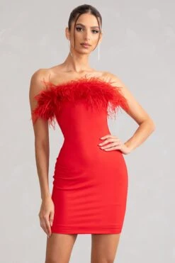 Stop The Show | Red Feather Trim Strapless Bodycon Mini Dress -ENY Clothing Shop WB BR CL127104 StopTheShowRedFeatherTrimStraplessMiniDress1