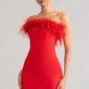Stop The Show | Red Feather Trim Strapless Bodycon Mini Dress -ENY Clothing Shop WB BR CL127104 StopTheShowRedFeatherTrimStraplessMiniDress2