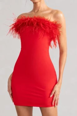 Stop The Show | Red Feather Trim Strapless Bodycon Mini Dress -ENY Clothing Shop WB BR CL127104 StopTheShowRedFeatherTrimStraplessMiniDress2 ae4f57ce 6f0a 4a84 aedf 768f68bf1a67