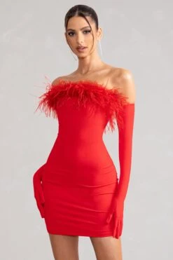 Stop The Show | Red Feather Trim Strapless Bodycon Mini Dress -ENY Clothing Shop WB BR CL127104 StopTheShowRedFeatherTrimStraplessMiniDress5